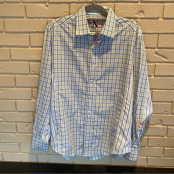 Robert Graham X Collection Large L Tailored Fit Flip Cuffs Striped Plaid Blue - Picture 1 of 11